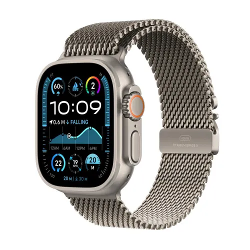 Apple Watch Ultra 2 GPS + Cellular 49mm Natural Titanium Case with Natural Titanium Milanese Loop - Medium Strap Size (Bands fits 155-185mm wrists)