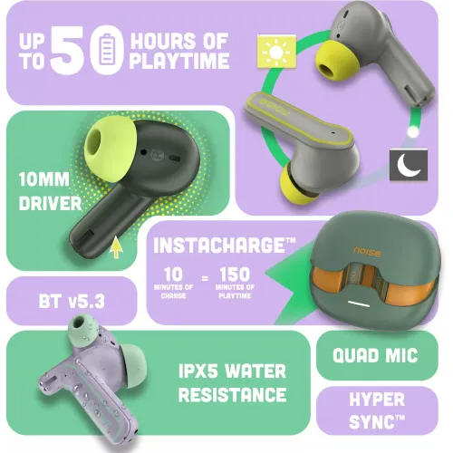 Noise Pop True Wireless Earbuds with 50 hours of playback, 10mm Drivers, Quad Mic with ENC (Moon Pop) 2 Noise Pop True Wireless Earbuds with 50 hours of playback, 10mm Drivers, Quad Mic with ENC (Moon Pop)