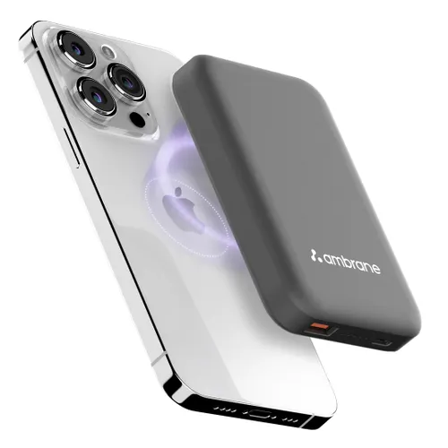 Ambrane AeroSync PB 12 10000mAh MagSafe Power Bank | 15W Wireless Charging | LED Indicators (Black)