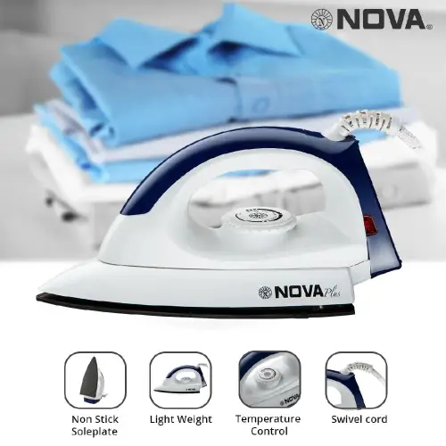 Nova Plus Dry Iron with Non stick Soleplate, Temperature Control, Swivel Cord, 1100 Watts (Ni 30)