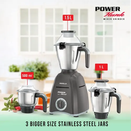 Havells Power Hunk 800 Watt Mixer Grinder with 3 Jars, Wider mouth, Superior 304 stainless steel blade (Grey)