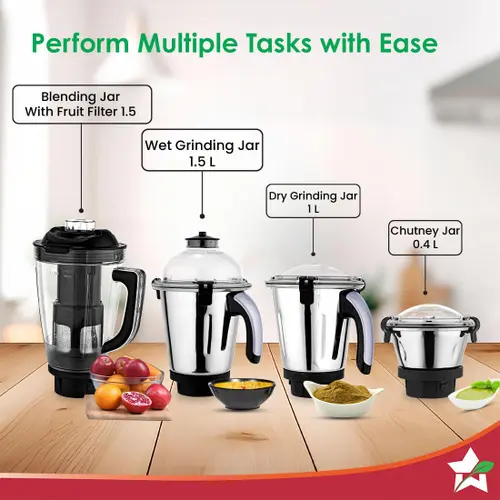 Wonderchef Galaxy 1000 W Mixer Grinder with 4 Stainless Steel Jars, 100% Copper Motor (63154818, Black & Grey) 5 Wonderchef Galaxy 1000 W Mixer Grinder with 4 Stainless Steel Jars, 100% Copper Motor (63154818, Black & Grey)