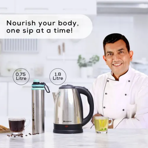 Wonderchef Crescent Electric Kettle 1.8 L and Sippy Stainless Steel 750 ml Bottle (Silver, Combo) 2 Wonderchef Crescent Electric Kettle 1.8 L and Sippy Stainless Steel 750 ml Bottle (Silver, Combo)