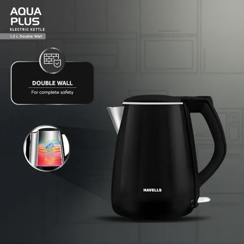 Havells Aqua Black Plus 1.2 Litres Electric kettle with 1250 Watts, Wider Mouth, Double wall stainless steel tank 3 Havells Aqua Black Plus 1.2 Litres Electric kettle with 1250 Watts, Wider Mouth, Double wall stainless steel tank