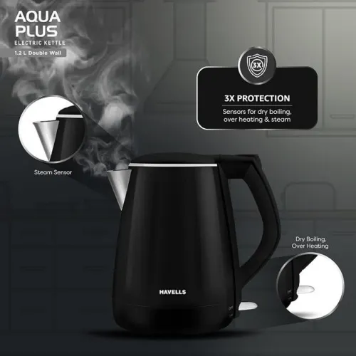 Havells Aqua Black Plus 1.2 Litres Electric kettle with 1250 Watts, Wider Mouth, Double wall stainless steel tank 6 Havells Aqua Black Plus 1.2 Litres Electric kettle with 1250 Watts, Wider Mouth, Double wall stainless steel tank