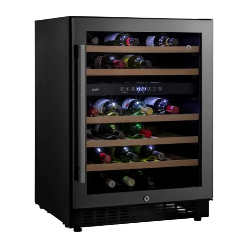 Kaff Wine Cooler with 46 Bottles/135 Litres | Wooden Shelves Wine Fridge | Full Mirror Glass Door | Touch Control | LED Display (WC135DZ,Black)