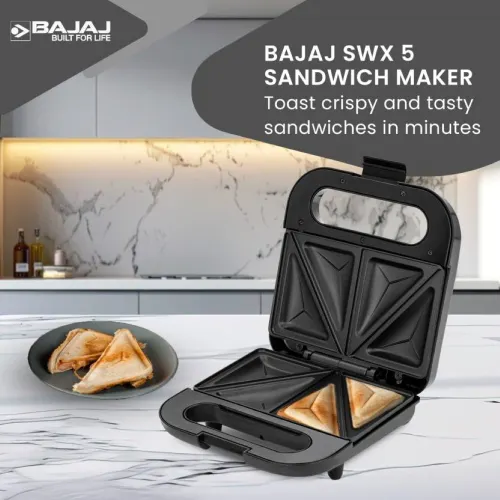 BAJAJ Sandwich Maker 800 W with Non-stick coated plates, Heat resistant Bakelite body (Black)