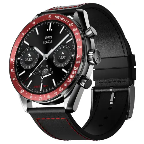 Fire-Boltt Moonwatch Smartwatch with 1.43 inch (36.3mm) Amoled Display, Wireless Charging, Premium Leather Strap, Sports Modes (Red Balck L)