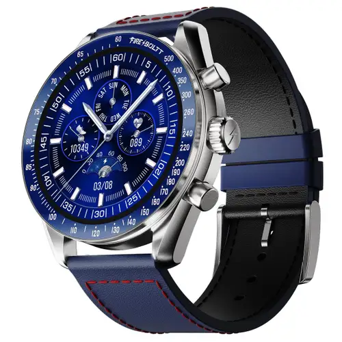 Fire-Boltt Moonwatch Smartwatch with 1.43 inch(36.3mm) Amoled Display, Wireless Charging, Metallic Frame, Premium Leather Strap, Sports Modes (Blue L)