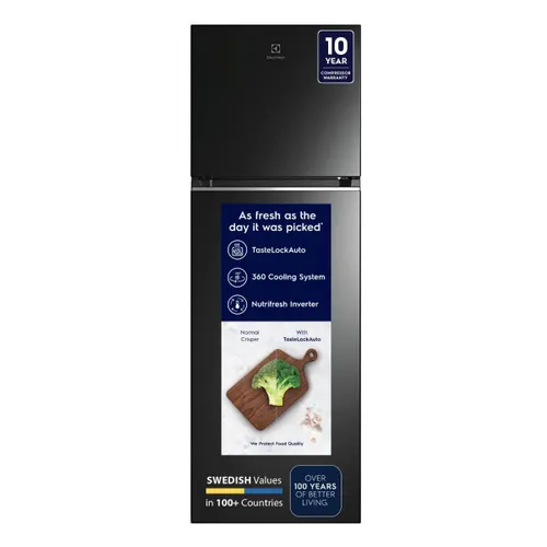 Electrolux 341 Litres 2 Star Frost Free Double Door Inverter Refrigerator with TasteLockAuto | 360 Degree Cooling (ETB3700K-H, Glossy Black Steel)