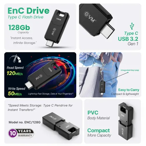 EVM EnC 128GB USB 3.2 Gen 1 Type-C Flash Drive Pendrive with Universal Compatibility