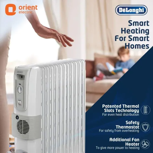 DeLonghi Oil Filled Radiator Room Heater 12 Fin with Fan | 3000 W (White)