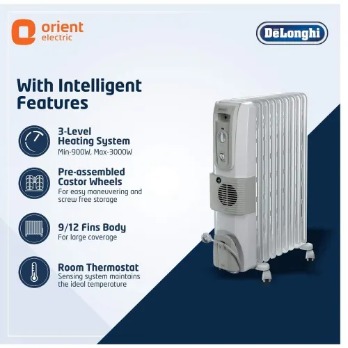 DeLonghi Oil Filled Radiator Room Heater 12 Fin with Fan | 3000 W (White)