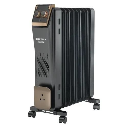 Havells DeLonghi Oil Filled Radiator Hestio Room Heater 9 Straight Fins with 2400 W | Adjustable Thermostat Tip over switch Thermal cutout (Black)