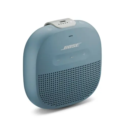 Bose Soundlink Micro Portable Bluetooth Speaker with deep bass, tear-resistant silicone strap (Stone Blue)