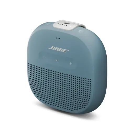 Bose Soundlink Micro Portable Bluetooth Speaker with deep bass, tear-resistant silicone strap (Stone Blue)