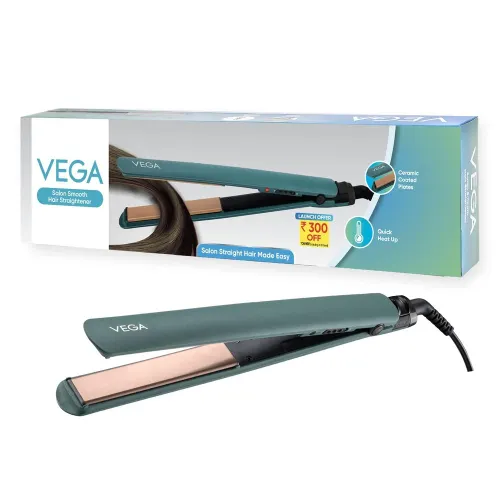 Vega Salon Smooth Hair Straightener for Women with Ceramic Coated and Floating Plates | Quick Heatup & Travel Friendly | Easy Lock System for safety (Green)