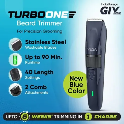 Vega TurboOne Beard Trimmer with Precision Stainless Steel Blades | Easy-to-Clean Design (Blue) 2 Vega TurboOne Beard Trimmer with Precision Stainless Steel Blades | Easy-to-Clean Design (Blue)