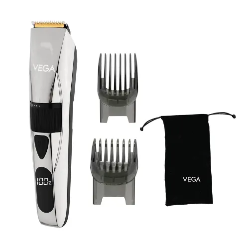 Vega Power Series P3 Beard Trimmer for Men with Titanium Blades | 2 Comb Attachment | Digital Display & 40 Length Settings (Silver)
