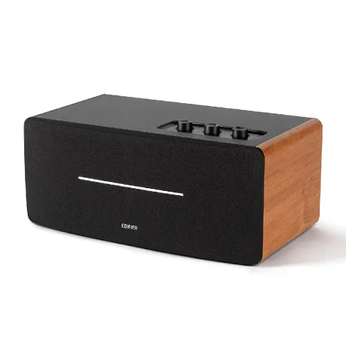 EDIFIER D12 Integrated Stereo Speakers with Bluetooth 5.0, RCA, AUX Inputs, Wireless Remote, Multi-Input, Wood Finish (Brown)