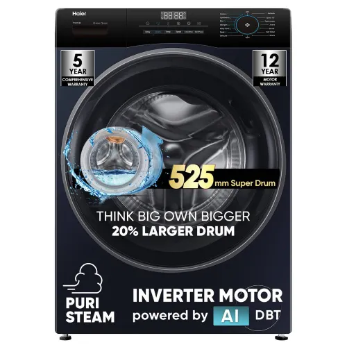 Haier 7 Kg Fully Automatic Front Load Washing Machine with Dual Spray | PuriSteam | Pillow Drum | Inverter Motor (HW70-IM12929BK, Black)