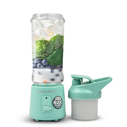 Hamilton Beach Rechargeable Portable Blender for Smoothies & Juices, Smoothie Maker with Shatterproof 16 Oz. Jar Sip-Through Travel Lid (Aqua)