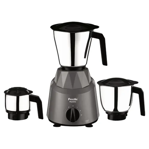 Preethi Maestro 750 Watt Mixer Grinder with  3 Stainless Steel Jars | 18000 RPM | 3 Speed Settings | Handles Support (Grey)