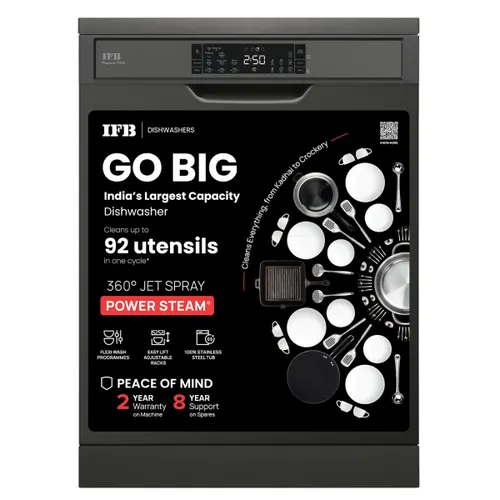 IFB 16 Place Settings 70 Degree Hot Wash Dishwasher with ION Tech | Auto Door Opening | Built-In Water Softener | Flexi Half Load (NEPTUNE VX16, Inox Grey)