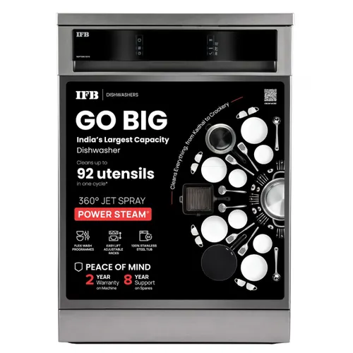 IFB 16 Place Settings Hot Water Wash Freestanding Dishwasher with ION Tech | Auto Door Opening | Built-In Water Softener (Neptune SX16, Pearl Grey)