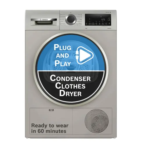 Bosch Series 4 | 9 Kg Fully Automatic Front Load Condenser Tumble Dryer with Comfort Display | Auto Dry | Sensitive Drying System (WPG24108IN, Silver Inox)