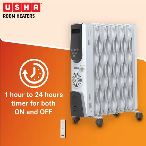 Usha OFR - 4309 FSE PTC Room Heater with S Shape Fins | Remote Control | Digital Display | Fast Heating (White)