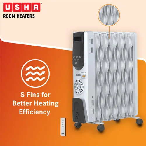 Usha OFR - 4311 FSE PTC Room Heater with S Shape Fins | Remote Control | Digital Display | Tip Over Protection (White)