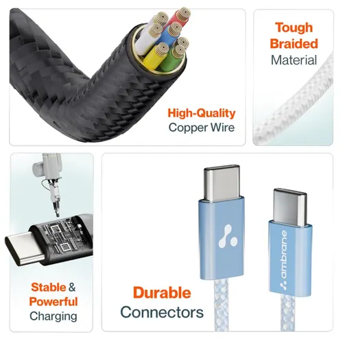 Ambrane Fine Braided 60W Type C to C Usb Cable with Data Transfer Rates of Up to 480 mbps ABCC60 (Black)