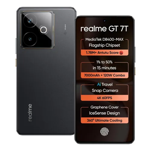 realme GT 7T 5G (8GB RAM, 256GB Storage) | Dimensity 8400-Max | 7000mAh Battery | 120W Fast Charging | IceSense Black