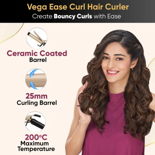 Vega Ease Curl 25 mm Barrel Hair Styler with Chrome Plates with ceramic coating | Beige (VHCH02)
