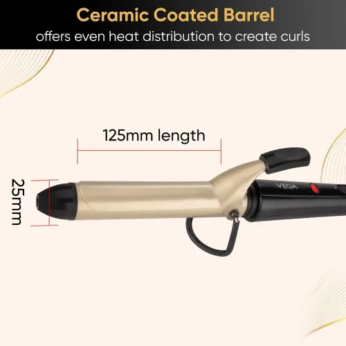 Vega Ease Curl 25 mm Barrel Hair Styler with Chrome Plates with ceramic coating | Beige (VHCH02)