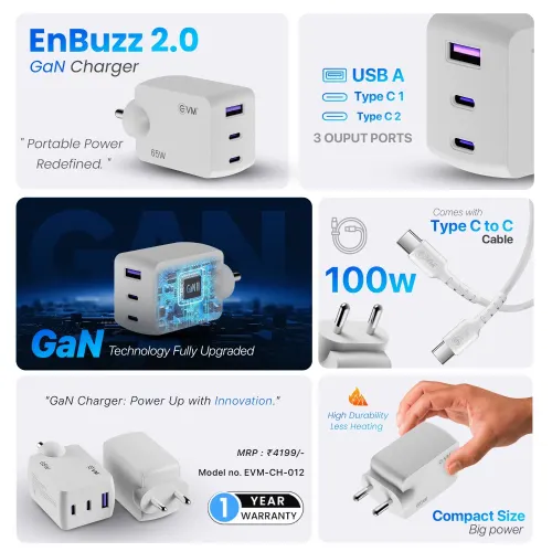 EVM EnBuzz 2.0 GAN EVM-CH-012 65W Charging Adapter with USB Type-C Cable