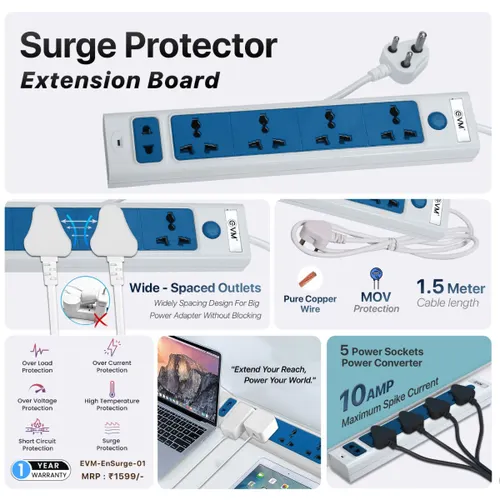 EVM Surge Protector 5 Socket Extension Boards 1.5 Meter Power Cable (White) 2 EVM Surge Protector 5 Socket Extension Boards 1.5 Meter Power Cable (White)