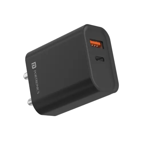 Portronics Adapto 45 20W Charger Adapter with USB A + PD Type C Ports, Fast Charging, Short Circuit Protection, Wide Compatibility (Black)
