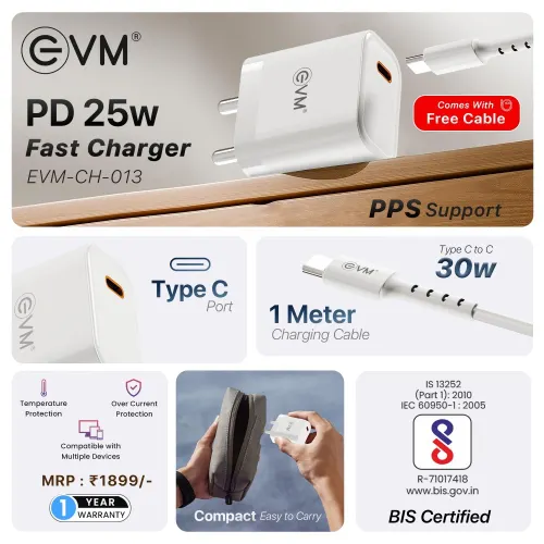 EVM PD 25W Fast Charging Adapter with 1 Meter USB Type-C Cable (EVM-CH-013) 2 EVM PD 25W Fast Charging Adapter with 1 Meter USB Type-C Cable (EVM-CH-013)
