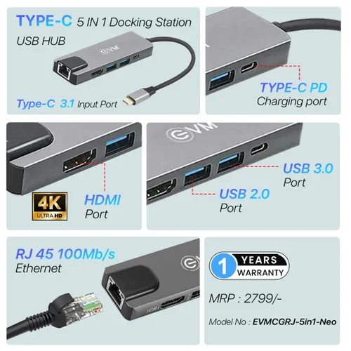 EVM 5-in-1 Neo HUB with 4K HDMI, 2xUSB 3.0, RJ45 Ethernet, for All Type C Devices (Grey)