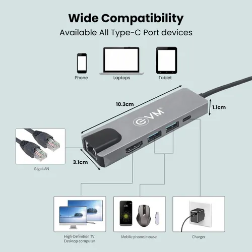 EVM 5-in-1 Neo HUB with 4K HDMI, 2xUSB 3.0, RJ45 Ethernet, for All Type C Devices (Grey)