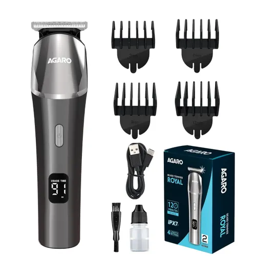 AGARO Royal Beard Trimmer with Metal Body, Fast Charging, 120 Minutes Usage, 4 Length Setting Combs, Self Sharpening Stainless Steel Blade, Silver (34186)