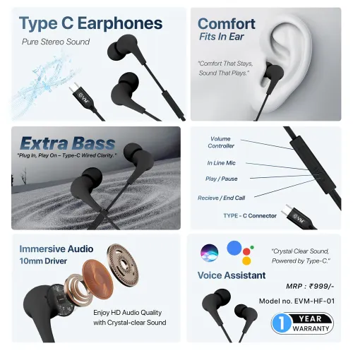 EVM-HF-01 Type-C Earphone with Superior Sound Quality, Volume & Call Control slider, In-built Mic, Black
