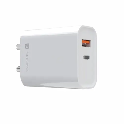 Portronics Adapto 45 20W Charger Adapter with USB A + PD Type C Ports, Fast Charging, Short Circuit Protection, Wide Compatibility (White)
