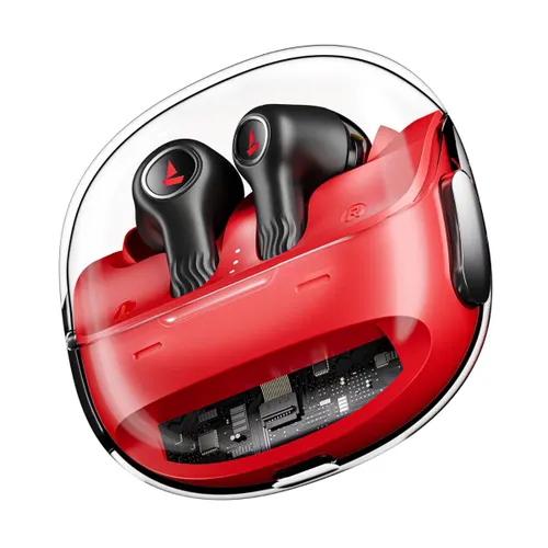 boAt Nirvana Crystl Wireless Earbuds | Transparent Case | 360 Degree Spatial Audio | Up to 32dB ANC | 100Hrs Battery | 4 Mics ENx | Dual Pair | App Support (Blazing Red)