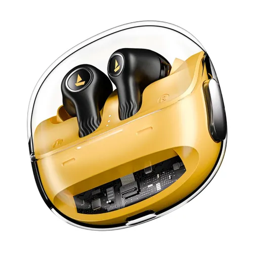 boAt Nirvana Crystl Wireless Earbuds | Transparent Case | 360 Degree Spatial Audio | Up to 32dB ANC | 100Hrs Battery | 4 Mics ENx | Dual Pair | App Support (Yellow Pop)