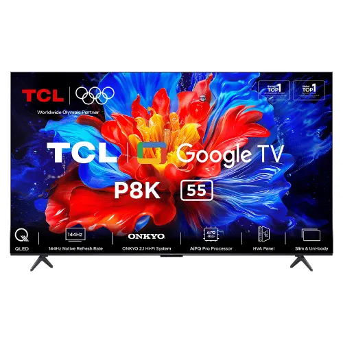 TCL P8K Series 139 cm (55 inch) 4K Ultra HD QLED Smart Google TV | Dolby Vision & HDR10/HLG | ONKYO 2.1 Hi-Fi System | Dolby Atmos | 60Hz Refresh Rate | Bezel-Less Design (55P8K)