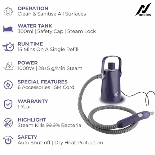 Nexlev 1000W Steam Cleaner with 300ML Water Tank | Safety Lock | Multiple Accessories | 5 meter Cord (SC-01, Purple) 9 Nexlev 1000W Steam Cleaner with 300ML Water Tank | Safety Lock | Multiple Accessories | 5 meter Cord (SC-01, Purple)