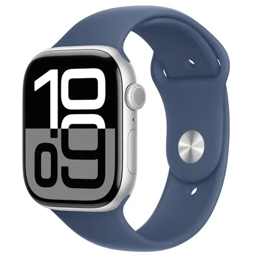 Apple Watch Series 10 GPS 46mm Silver Aluminium Case with Denim Sport Band - S/M Strap Size (Bands fits 130â?80mm wrists)